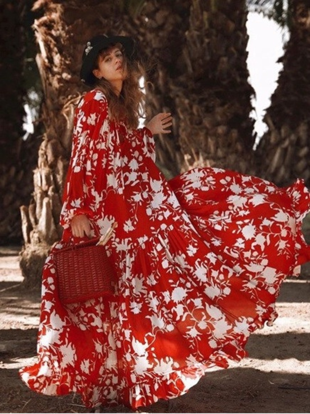 NWT Johanna Ortiz x H&M Red and White Floral Satin Tiered Maxi Dress S - Picture 1 of 12